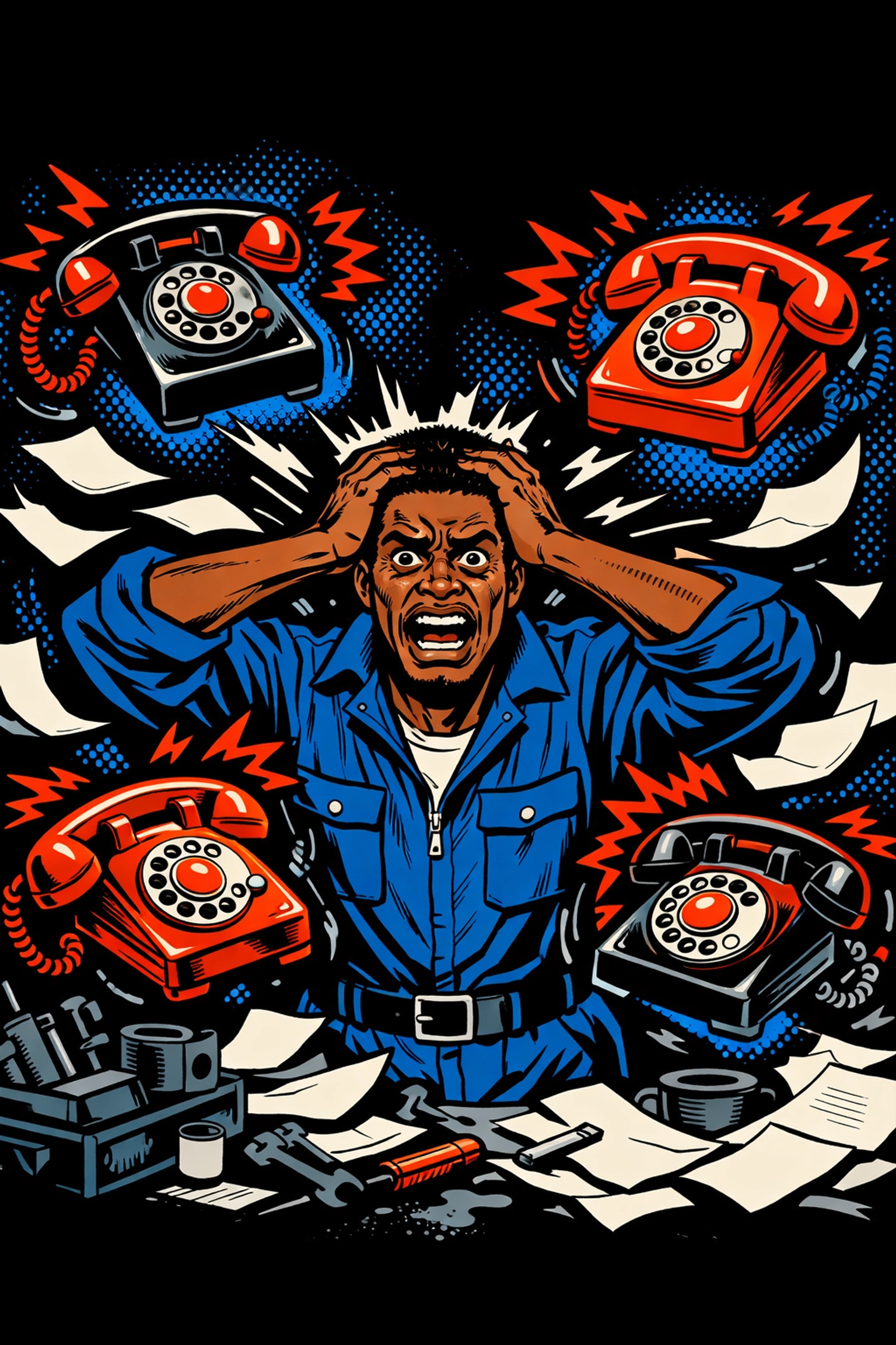 Overwhelmed technician struggling with manual calls without gohighlevel for local service businesses.