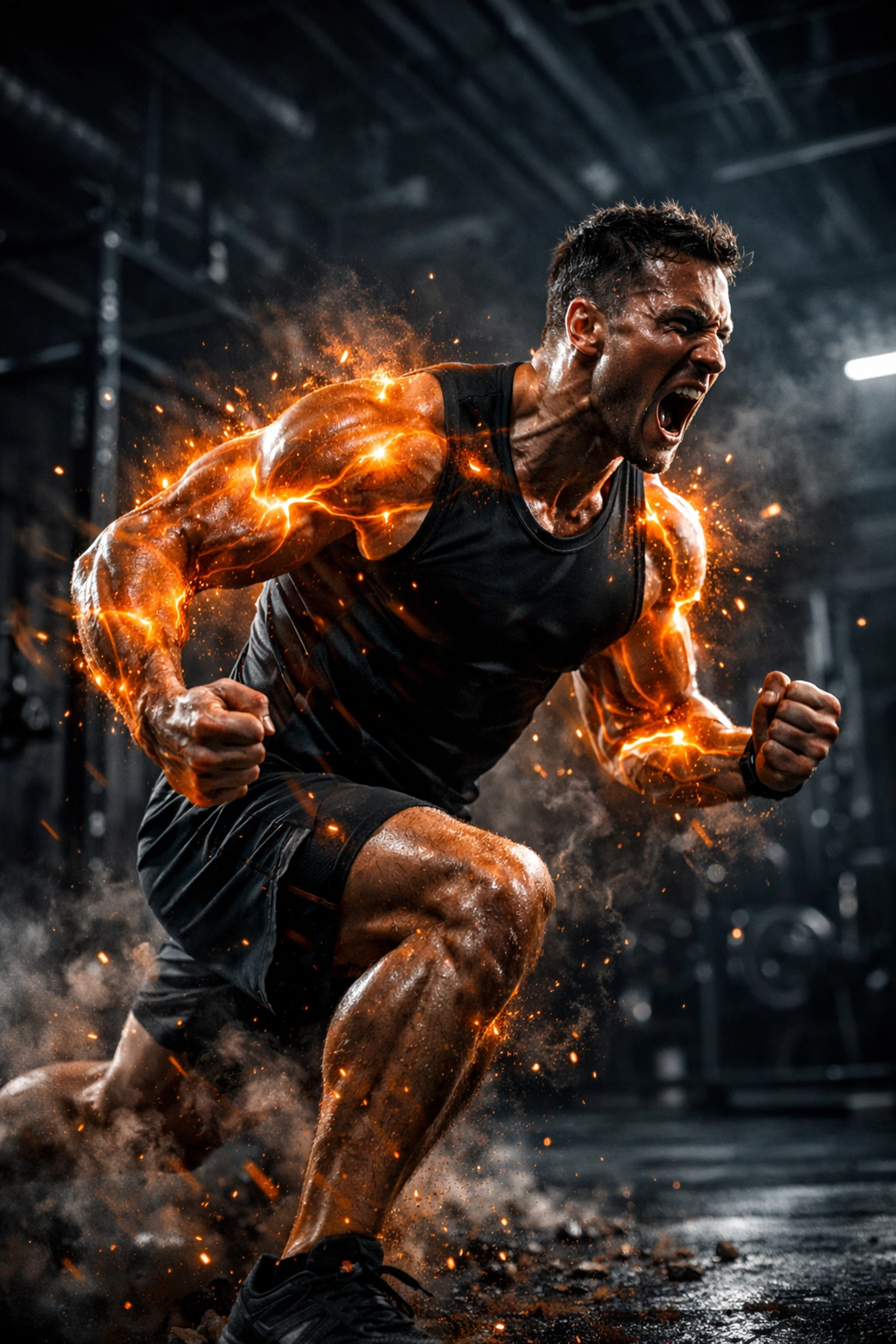 Athlete training in a gym illustrating muscle recovery and cellular ATP energy production.