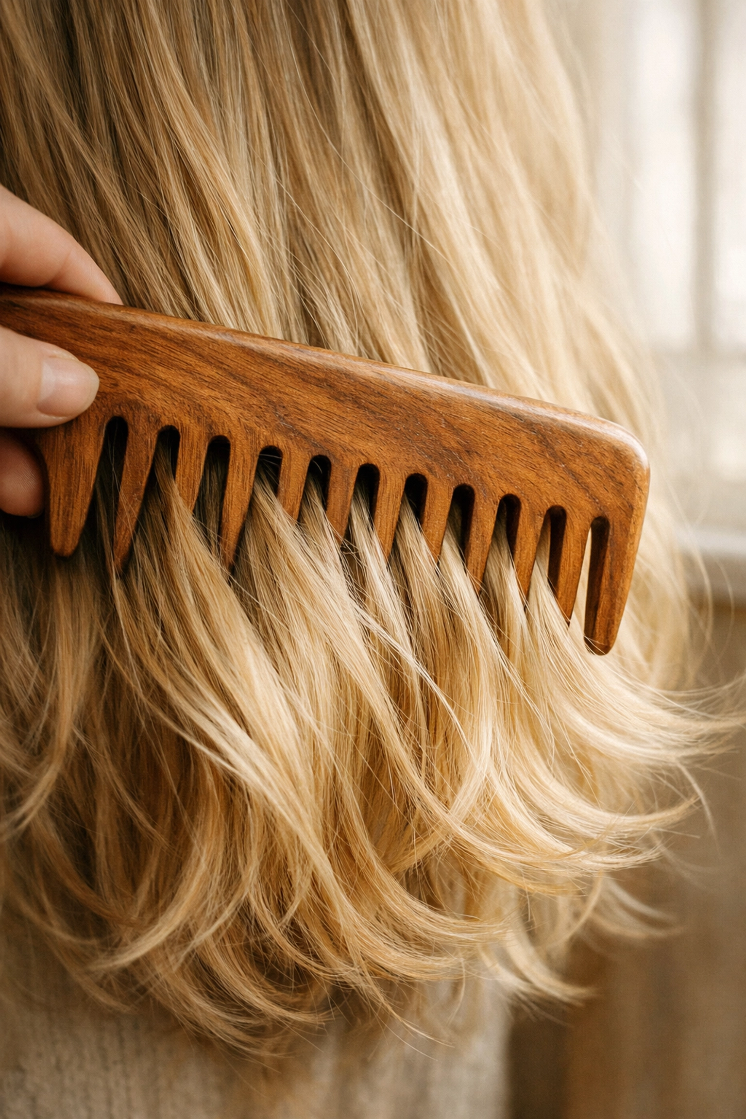Using a wide-tooth comb to gently detangle wavy hair from the ends to prevent breakage.