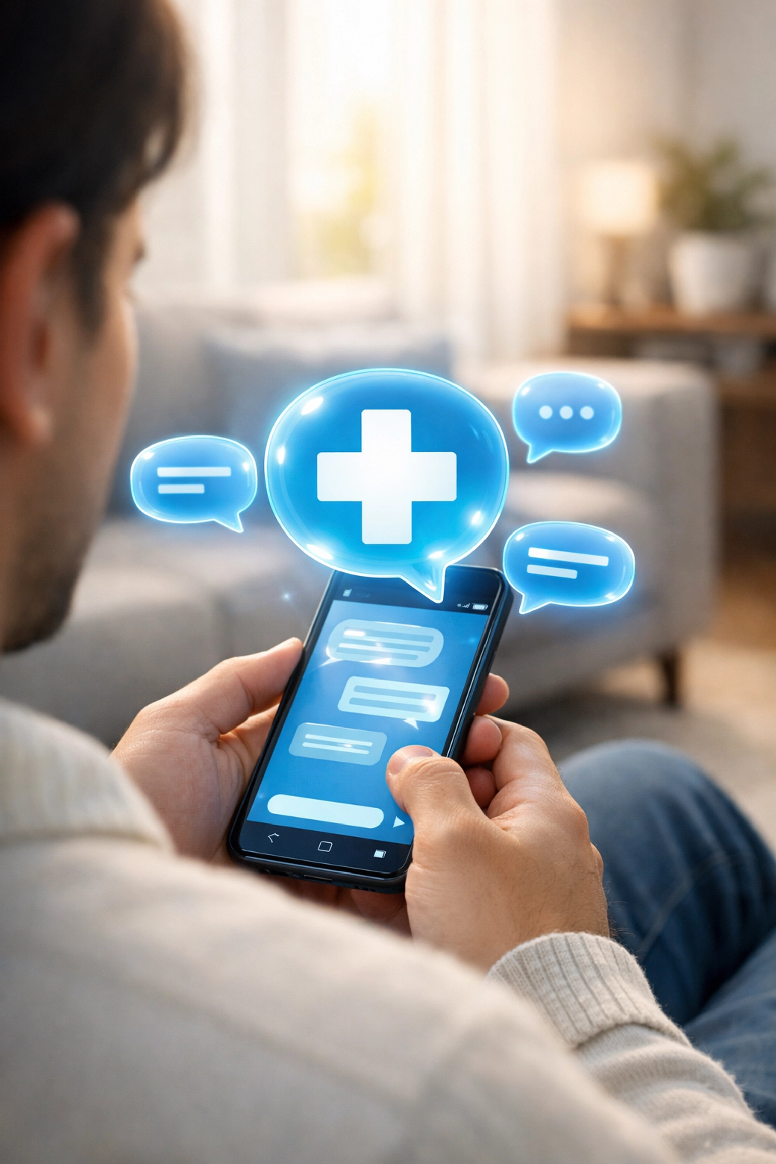 Patient using secure text-based medical messaging on a smartphone for an online urgent care consultation at home.