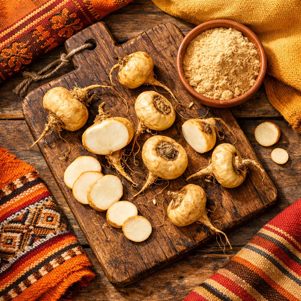 Fresh maca root pieces and powder on wooden board with traditional Peruvian textiles