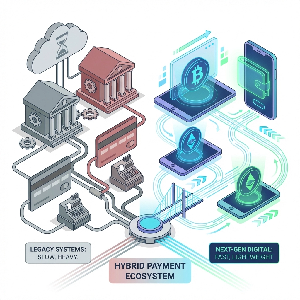 Hybrid payment system showing slow legacy banks and fast cryptocurrency payment options