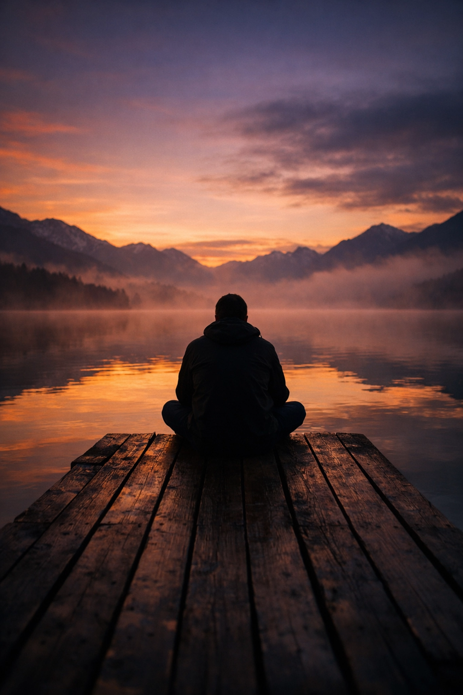 Person sitting alone on dock at sunset reflecting on God's presence during difficult times