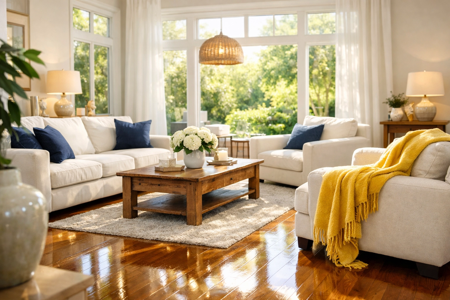 Sun-drenched, sparkling living room reflecting the peace of mind of a professional bi-weekly house cleaning service.