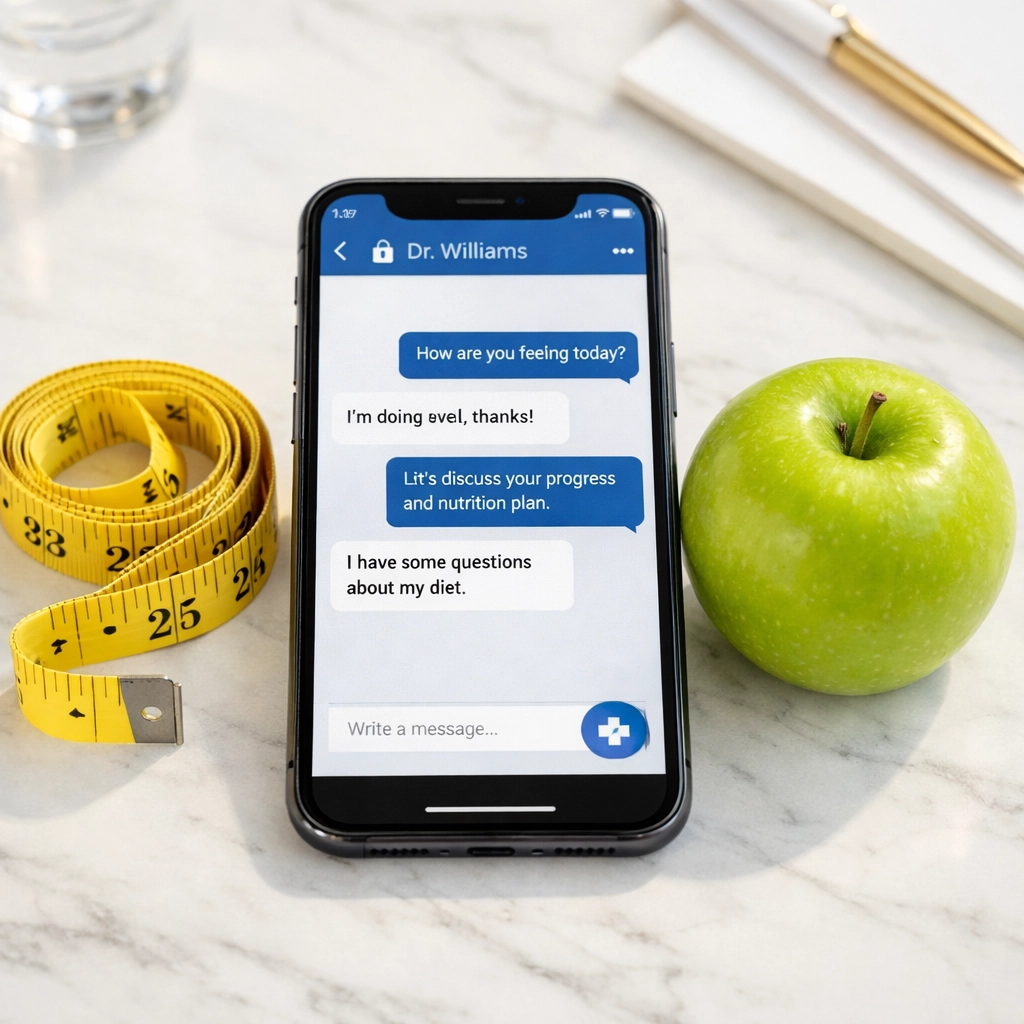 Secure medical messaging for online weight loss prescription consultation featuring a smartphone and measuring tape.