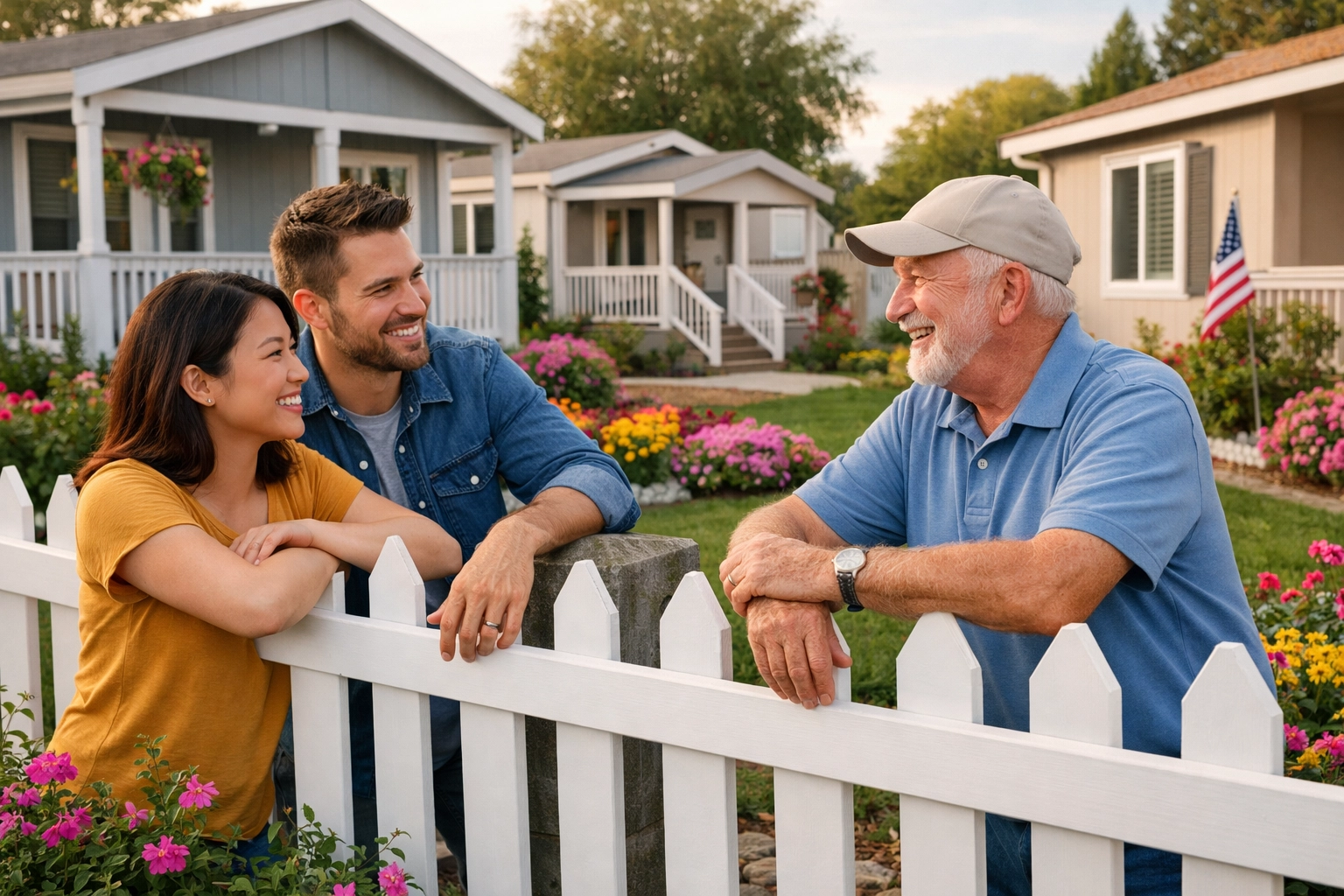 Friendly neighbors talking in a beautifully landscaped manufactured home community in Crosby, Texas.