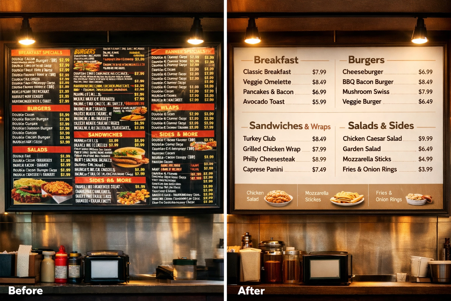 Before and after comparison of cluttered versus streamlined restaurant menu design