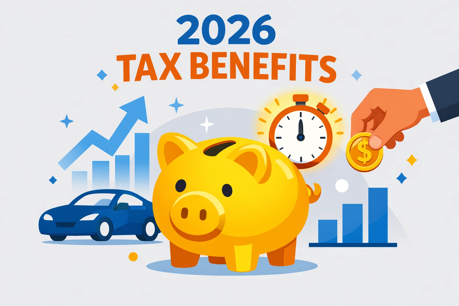 Illustration of a piggy bank and icons representing new 2026 tax deductions to maximize your refund.