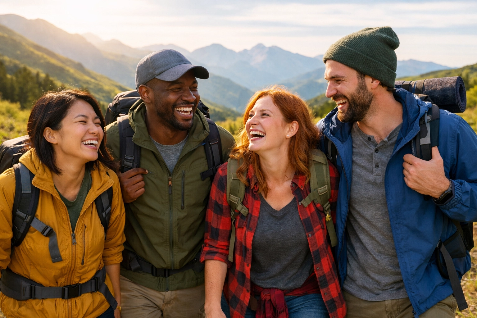 Smiling hikers share a laugh on a scenic mountain trail during group guided hiking tours in the UK.