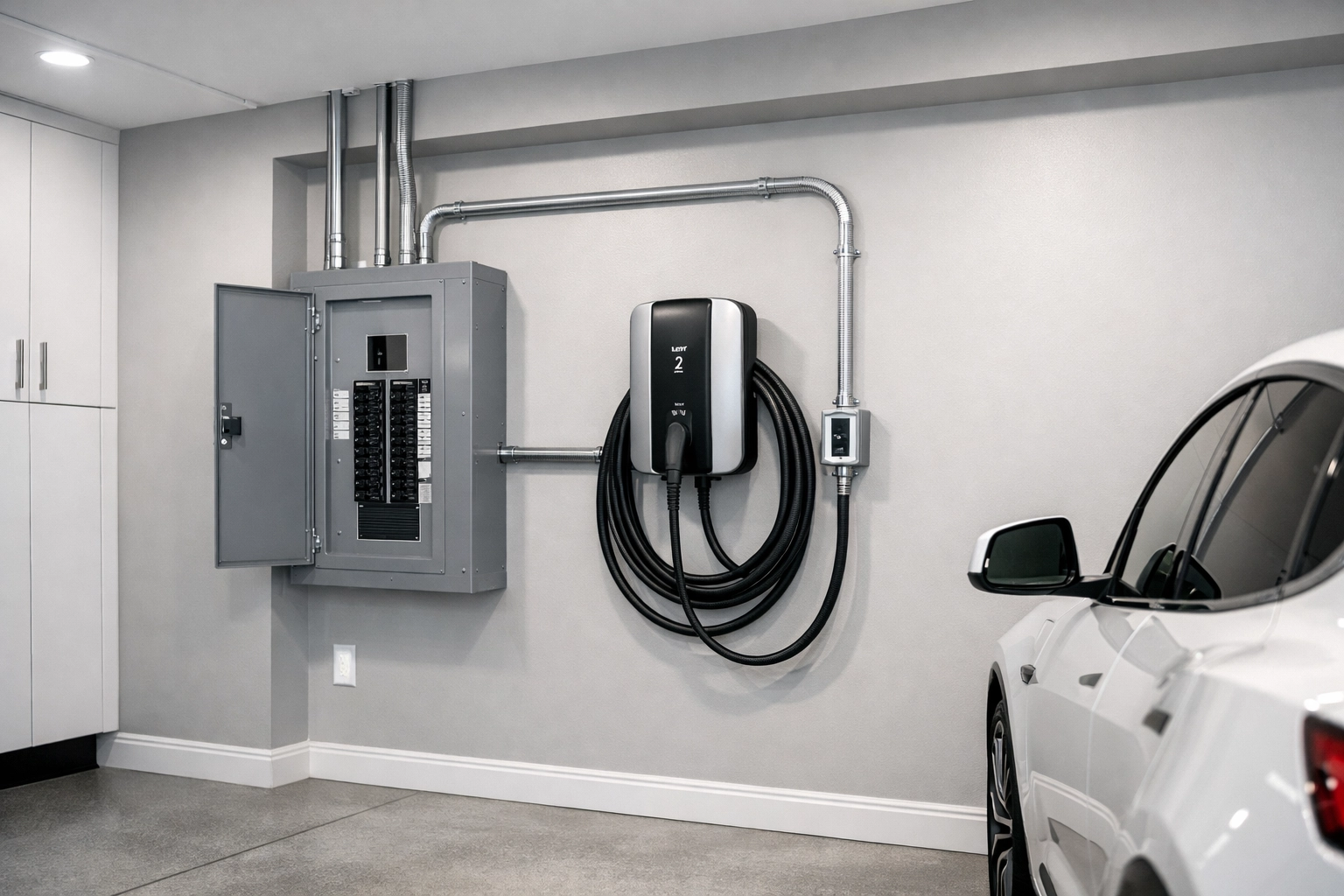 Complete EV charger installation in Scottsdale garage with upgraded electrical panel