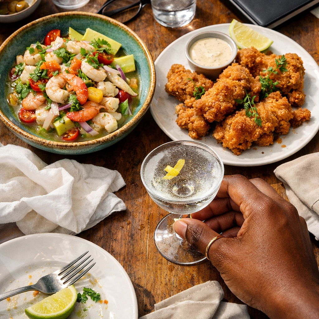 Top-down view of upscale seafood and a martini at a popular San Francisco business lunch spot.