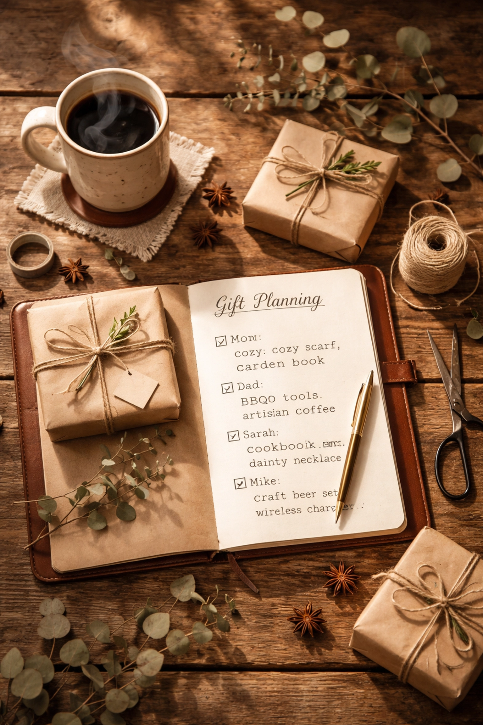 Gift planning essentials including a notebook, handmade mug, and rustic wrapped packages on a wooden table.