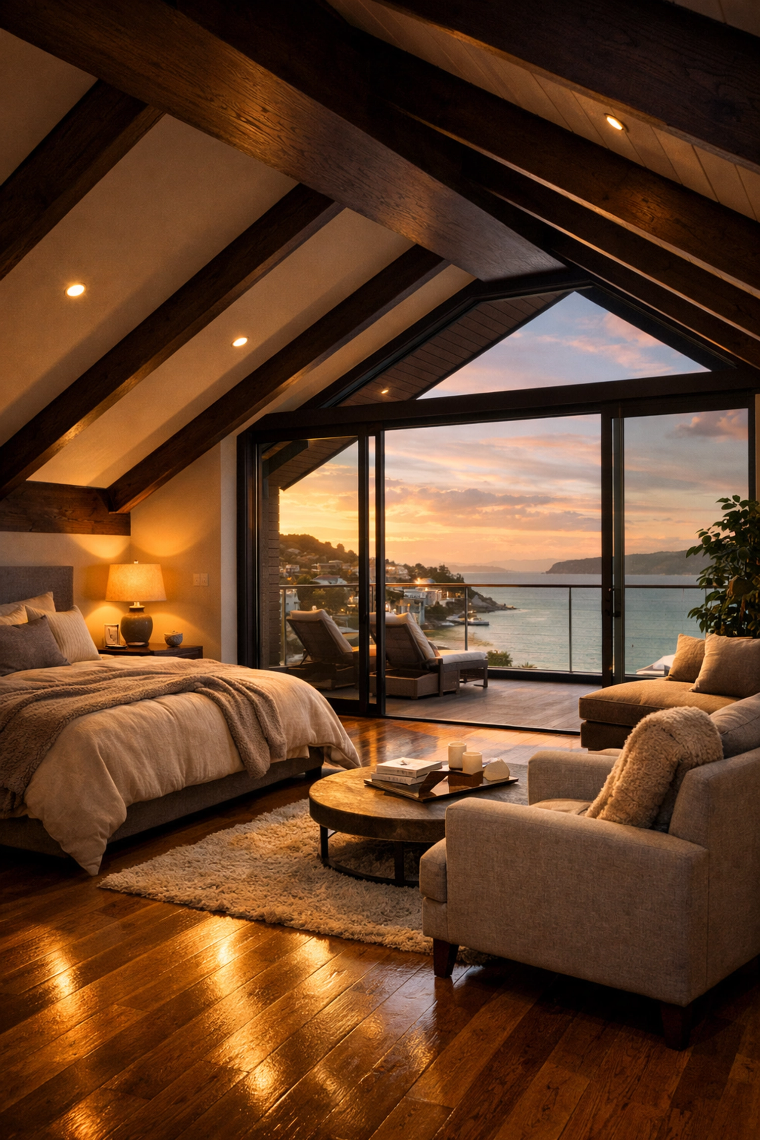 A luxury, legally compliant loft conversion in Bognor Regis with high-end interior design and warm lighting.