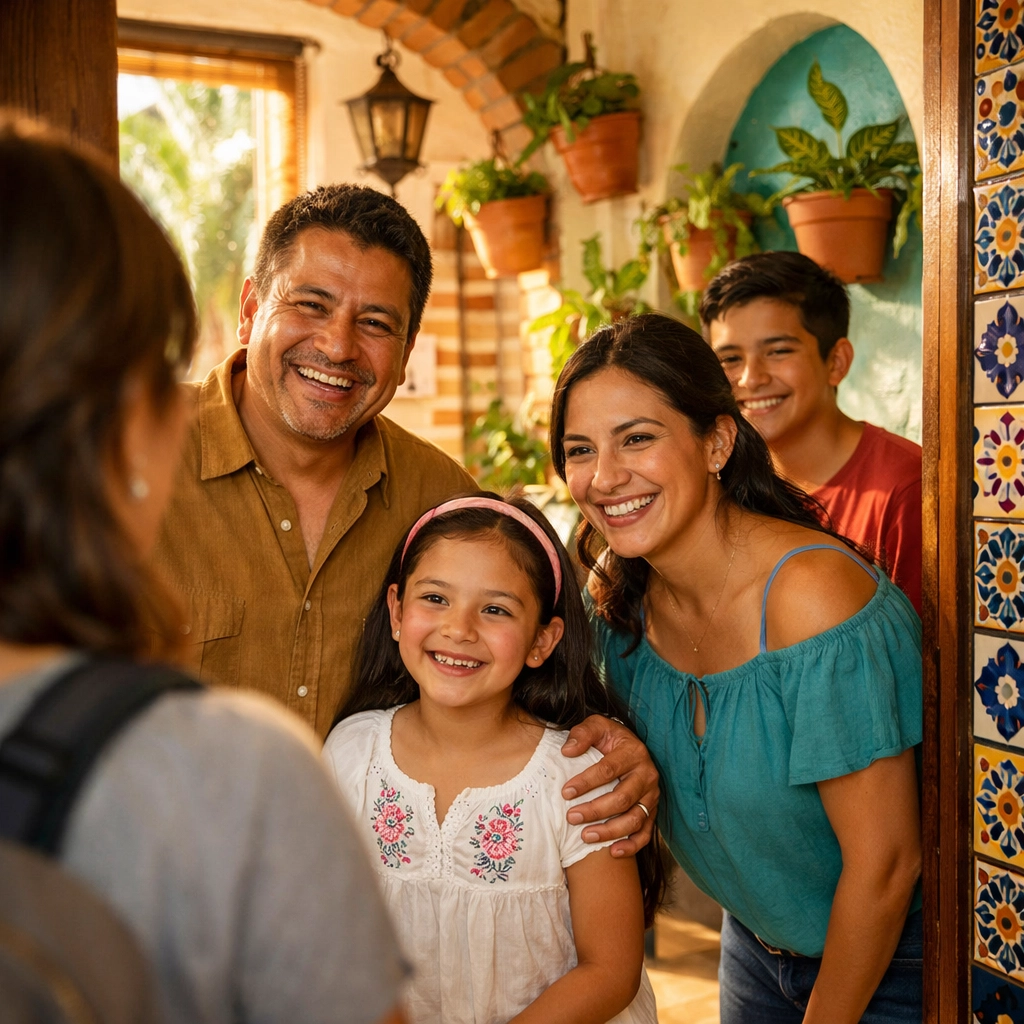 Local family welcoming guests at Puerto Vallarta apartment rental with colorful Mexican decor