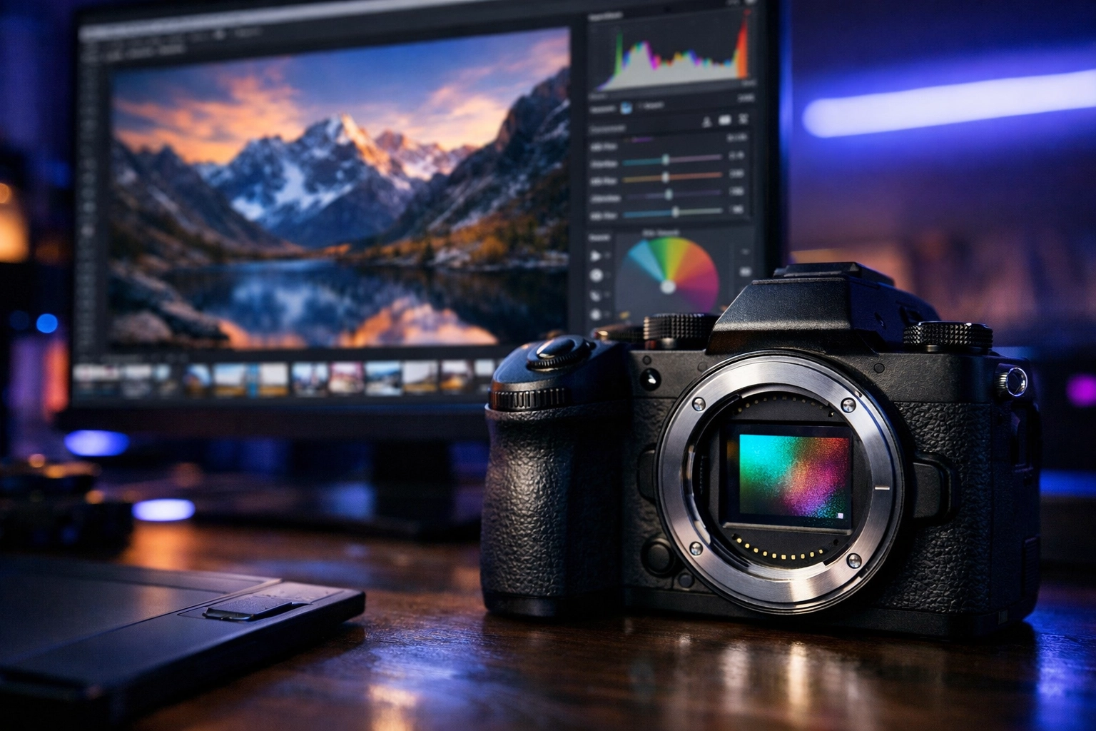 Professional photo editing workspace showing RAW files being processed on a screen.