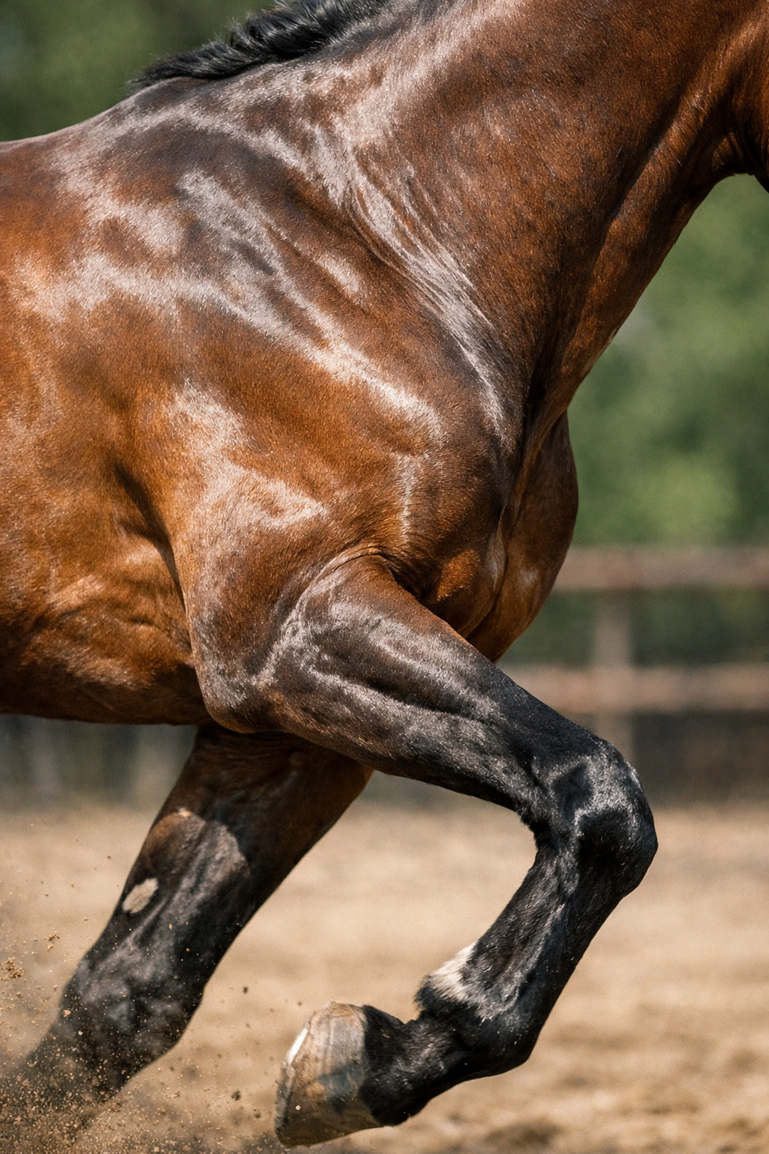 Close-up of horse shoulder movement showing unrestricted stride