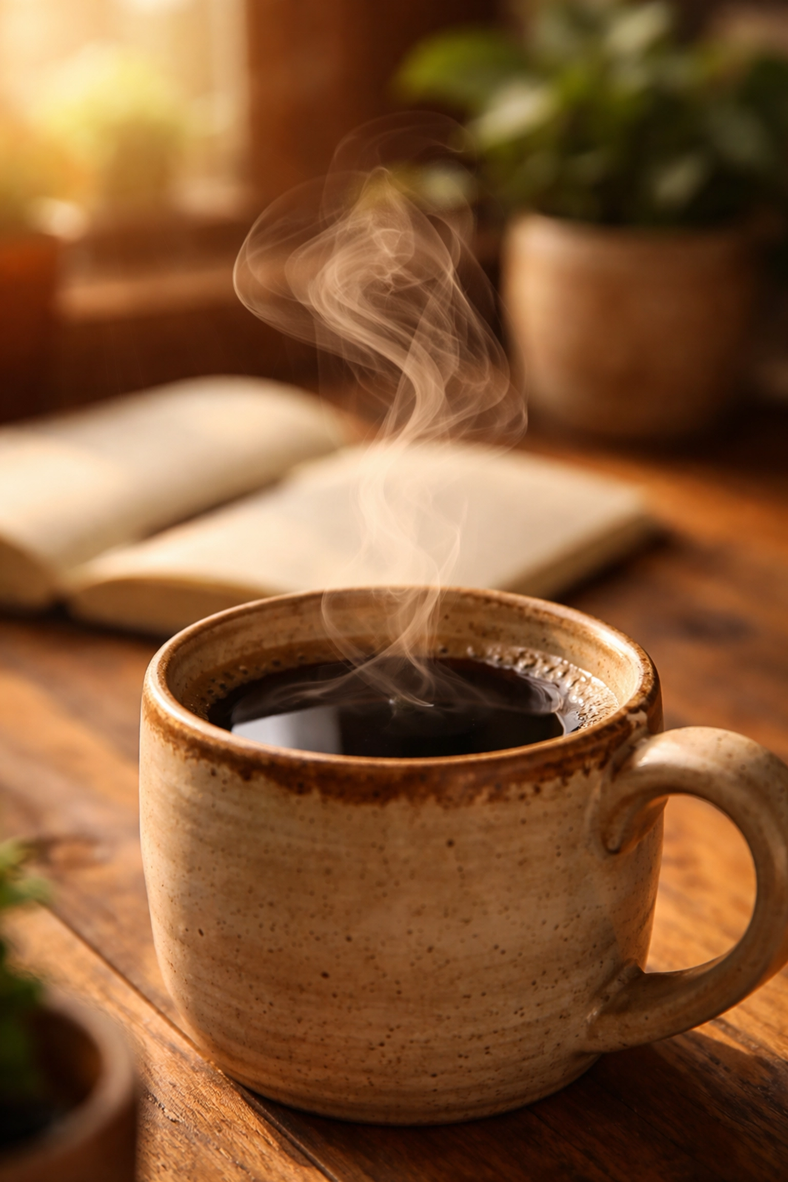 Close-up of steaming coffee in a ceramic mug near a cozy workspace, symbolizing creative energy from a 6-bean coffee blend.