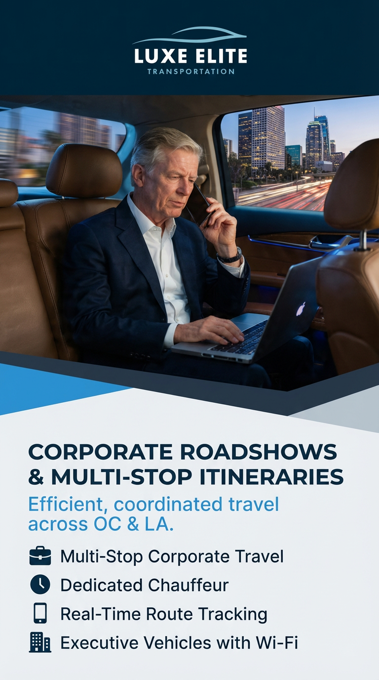 Local Corporate Event Calendar – Orange County 3 Luxe Elite Transportation Corporate Roadshow Service An executive is seated in the back of a luxury vehicle, working on a laptop and speaking on the phone. The city skyline indicates a busy metropolitan area. The image highlights Luxe Elite Transportation's corporate roadshow service: multi-stop corporate travel, dedicated chauffeur, real-time route tracking, and executive vehicles with Wi-Fi, emphasizing efficiency and professionalism for corporate clients in OC and LA.