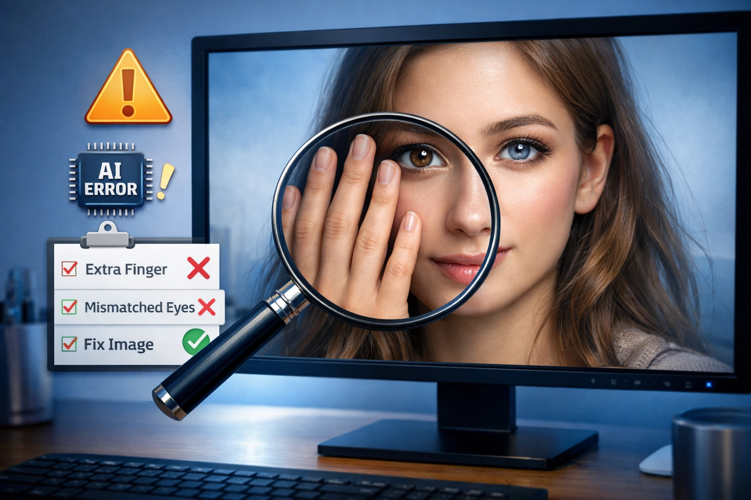 Monitor showing AI-generated image with quality review checklist highlighting common imperfections