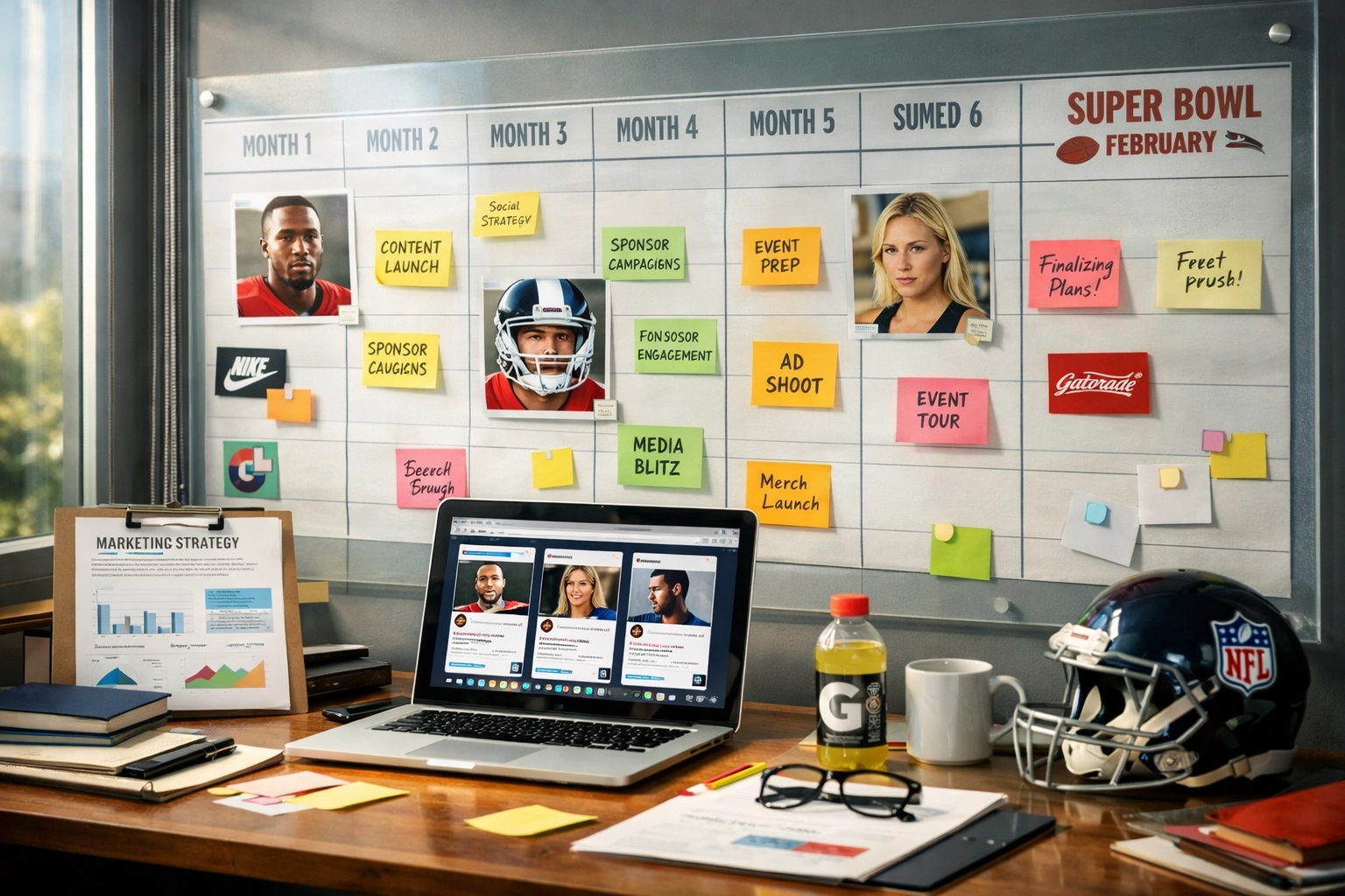 Super Bowl NIL campaign planning timeline showing six-month strategic development process