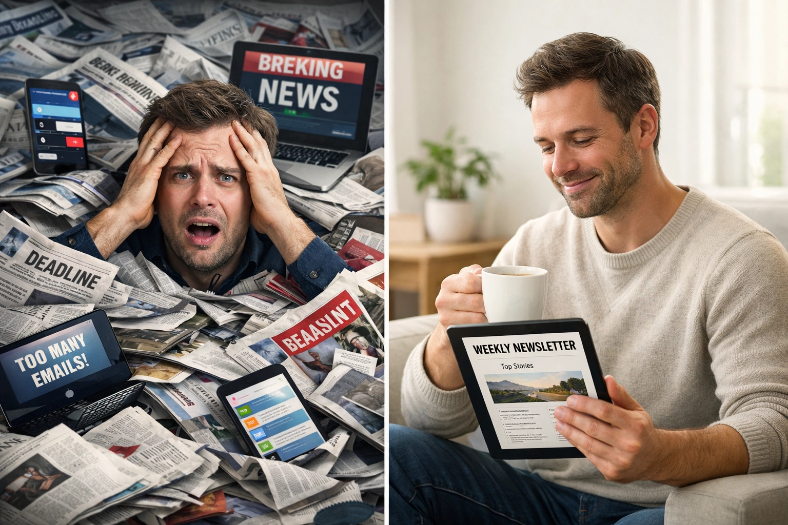 Comparison of stressed news consumer overwhelmed by media versus calm person with intentional news habits