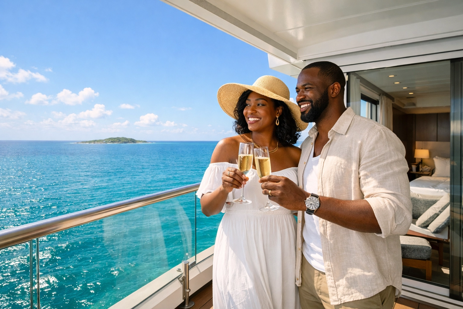 Couple on a luxury cruise ship balcony overlooking the ocean, enjoying exclusive deals from their travel agent.