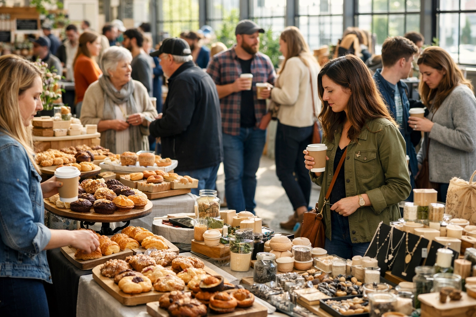 Indoor food hall market with local vendors and shoppers