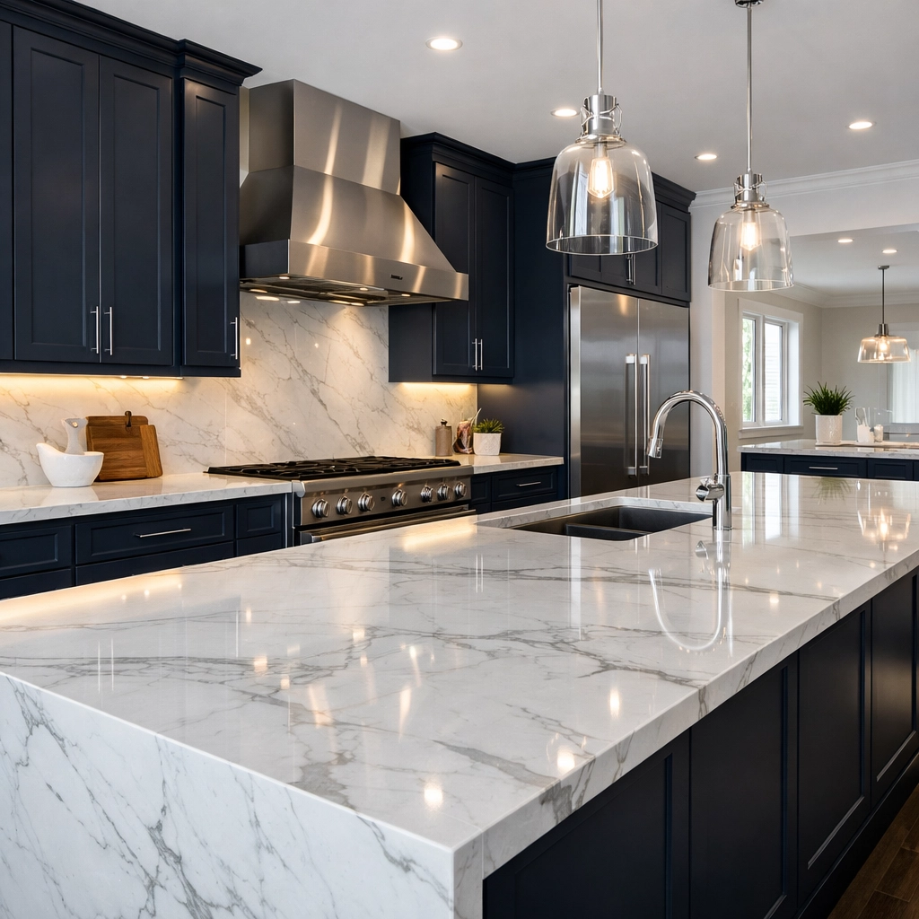 Pristine luxury kitchen with sparkling countertops after a professional House Cleaning Framingham move-out service.