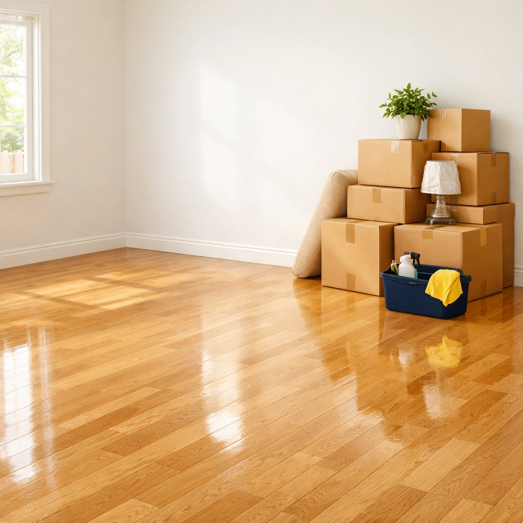Freshly mopped floors and moving boxes in an empty home after move-in/move-out cleaning Lowell.