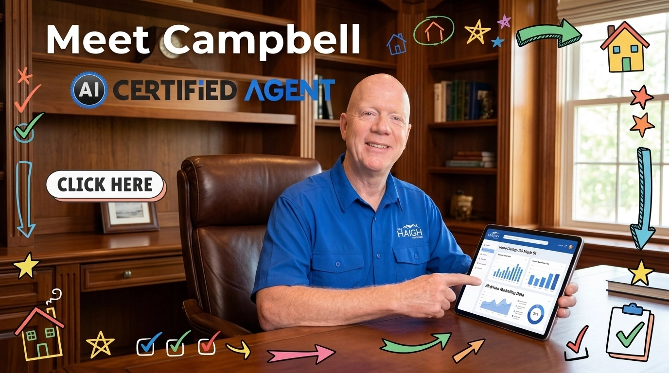 A Team Haigh AI Certified Agent using smart marketing data to help a client, framed with hand-drawn accents.