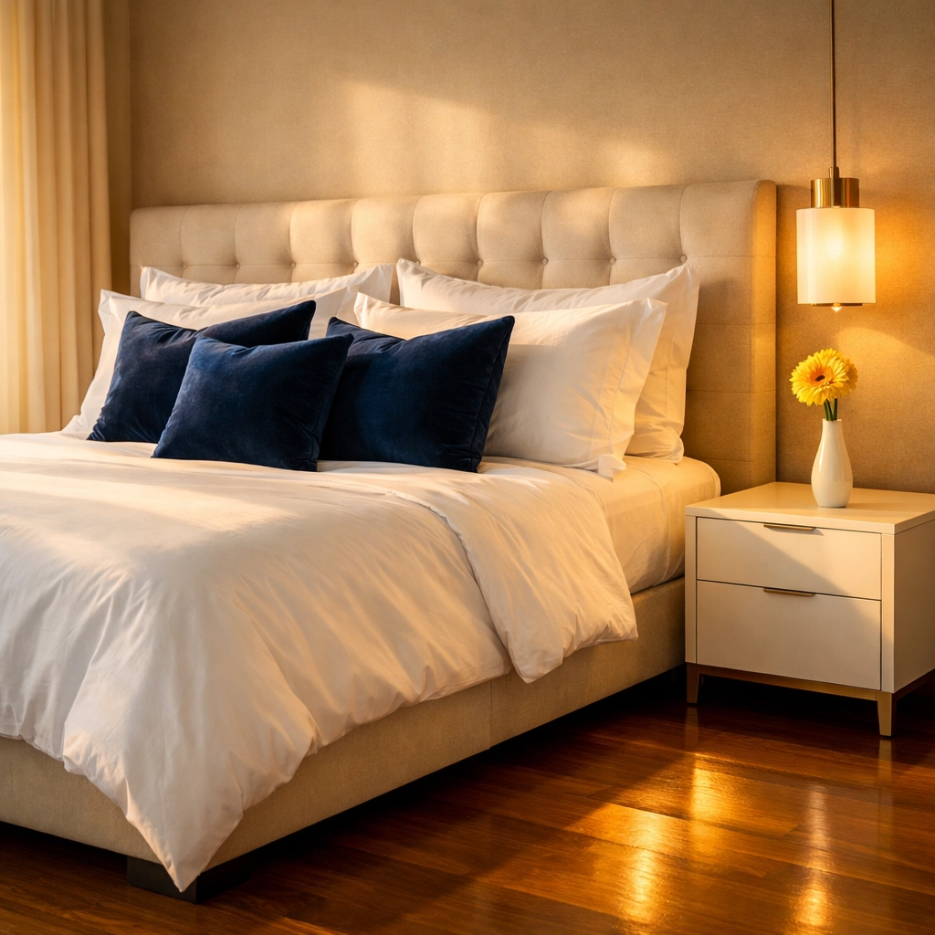 Spotless master bedroom with clean white linens and polished hardwood floors in Leominster.