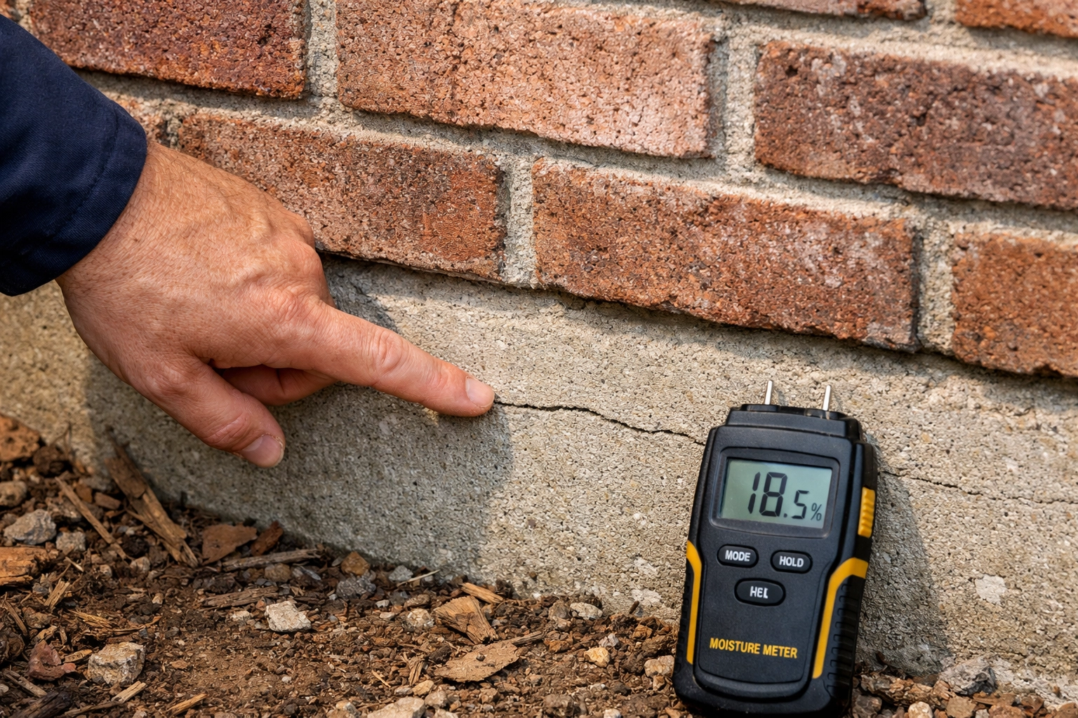 Home inspector checking foundation crack in Upstate SC home exterior wall