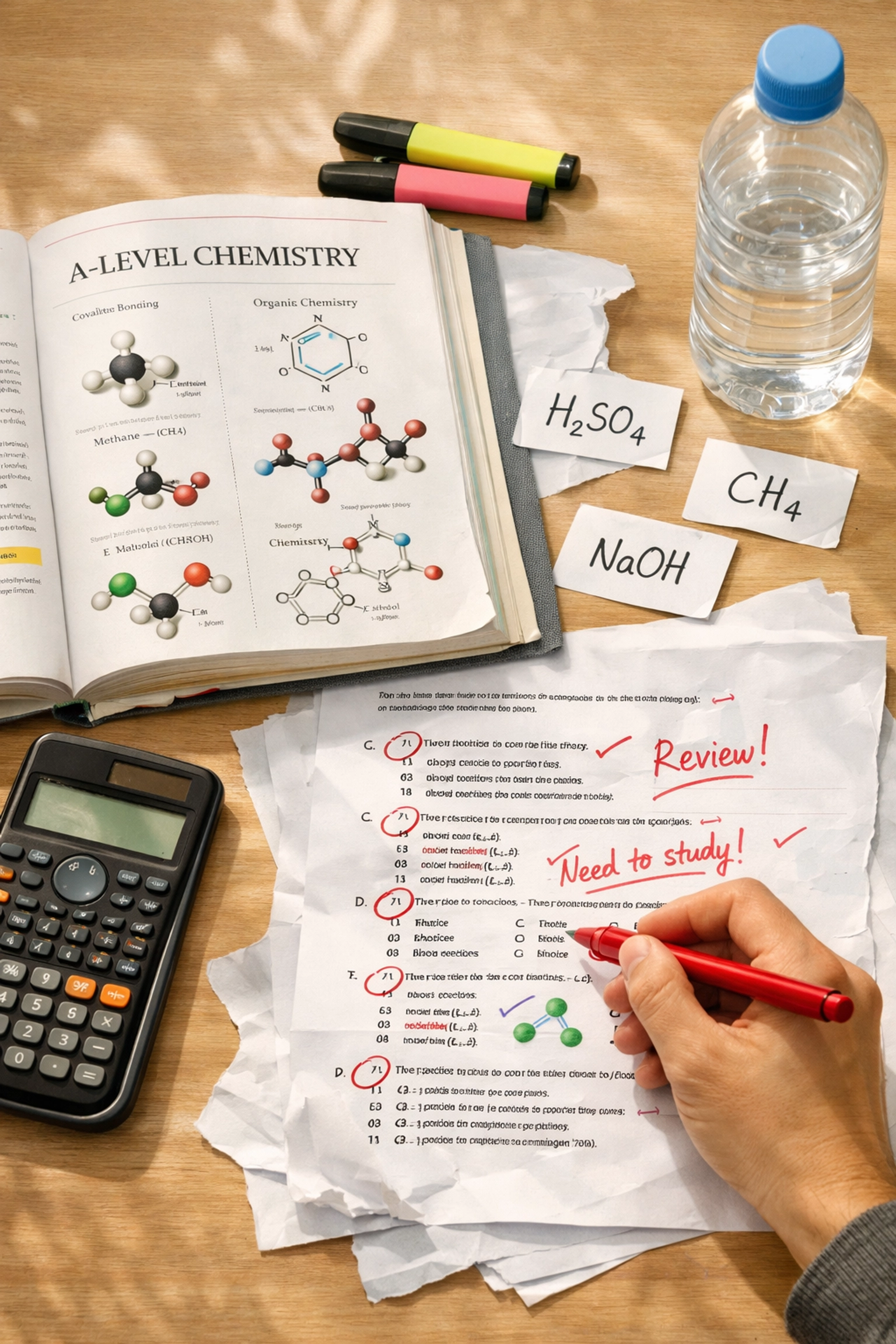 Student studying A-Level Chemistry with textbook, flashcards, and practice questions on desk