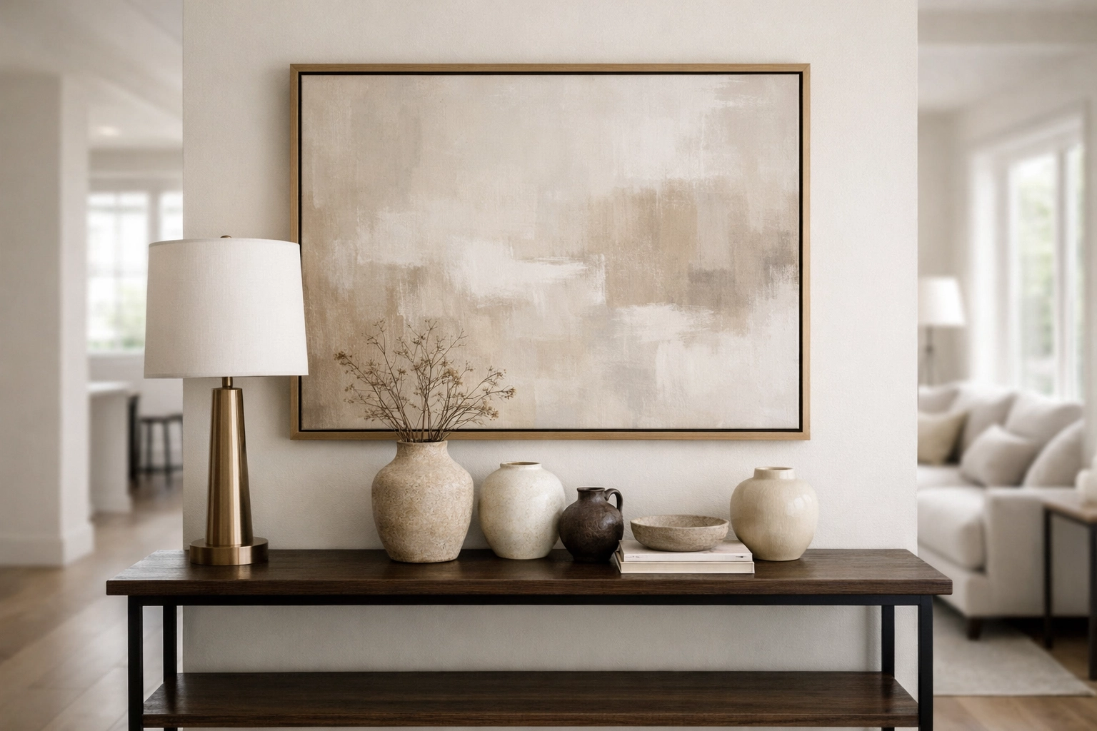 Grand entrance design by Modernize Methods LLC featuring a console table, modern lamp, and abstract art.