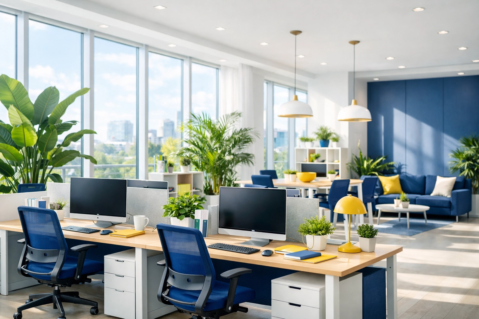 Bright modern office with plants highlighting healthy indoor air quality from eco-friendly cleaning.