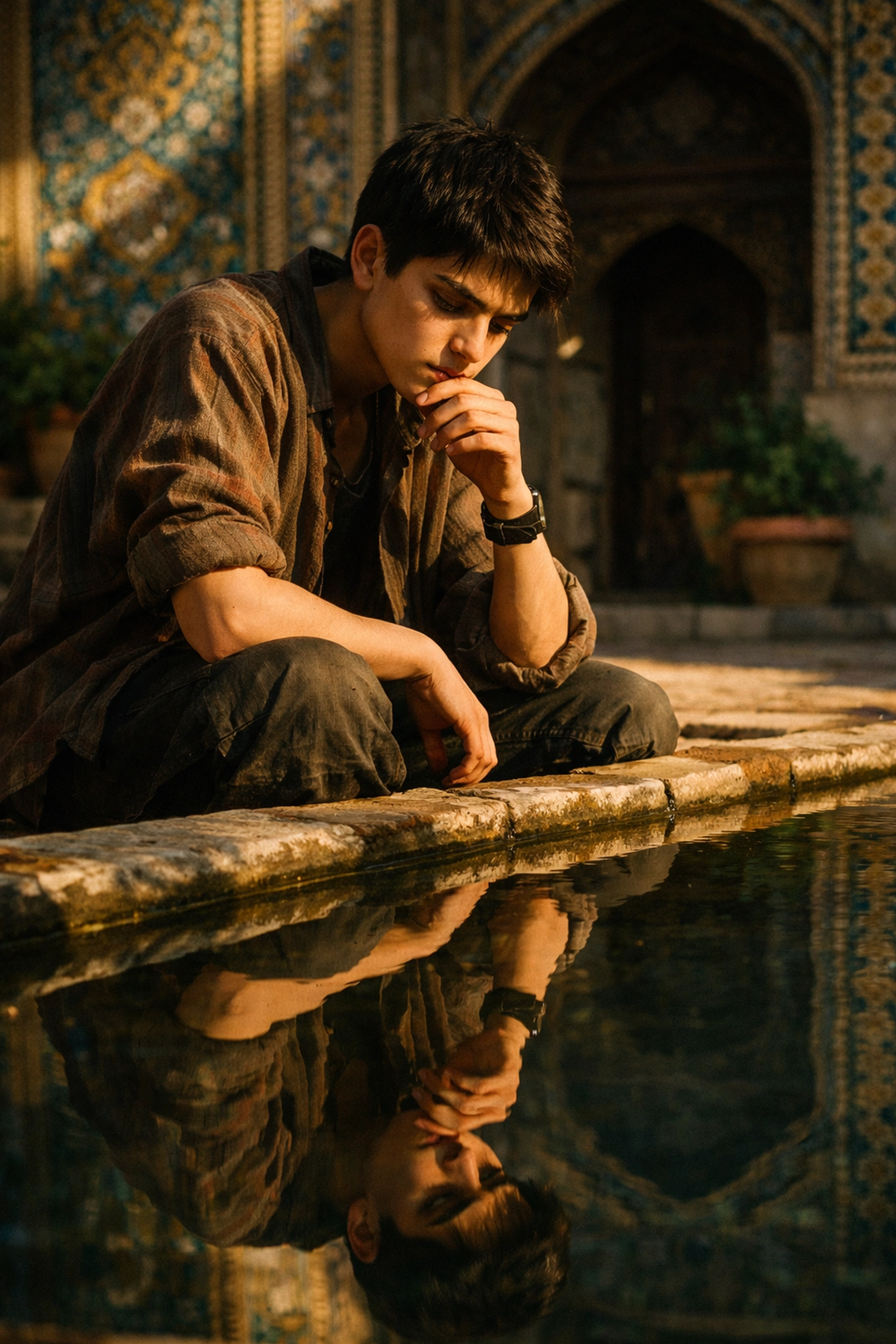 A person in a Persian courtyard reflecting on identity amidst Iran's complex trans rights laws.