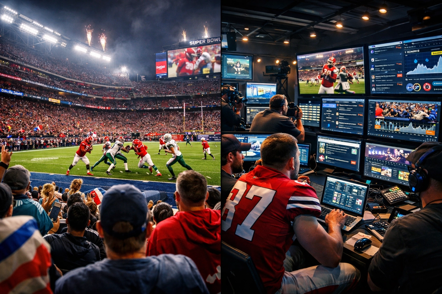 Super Bowl stadium and behind-the-scenes content creation room showing multi-platform marketing strategy