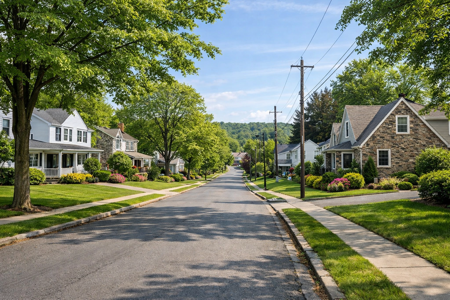 Peaceful suburban neighborhood street in the Abingtons/Clarks Summit area with well-kept homes and natural daylight.