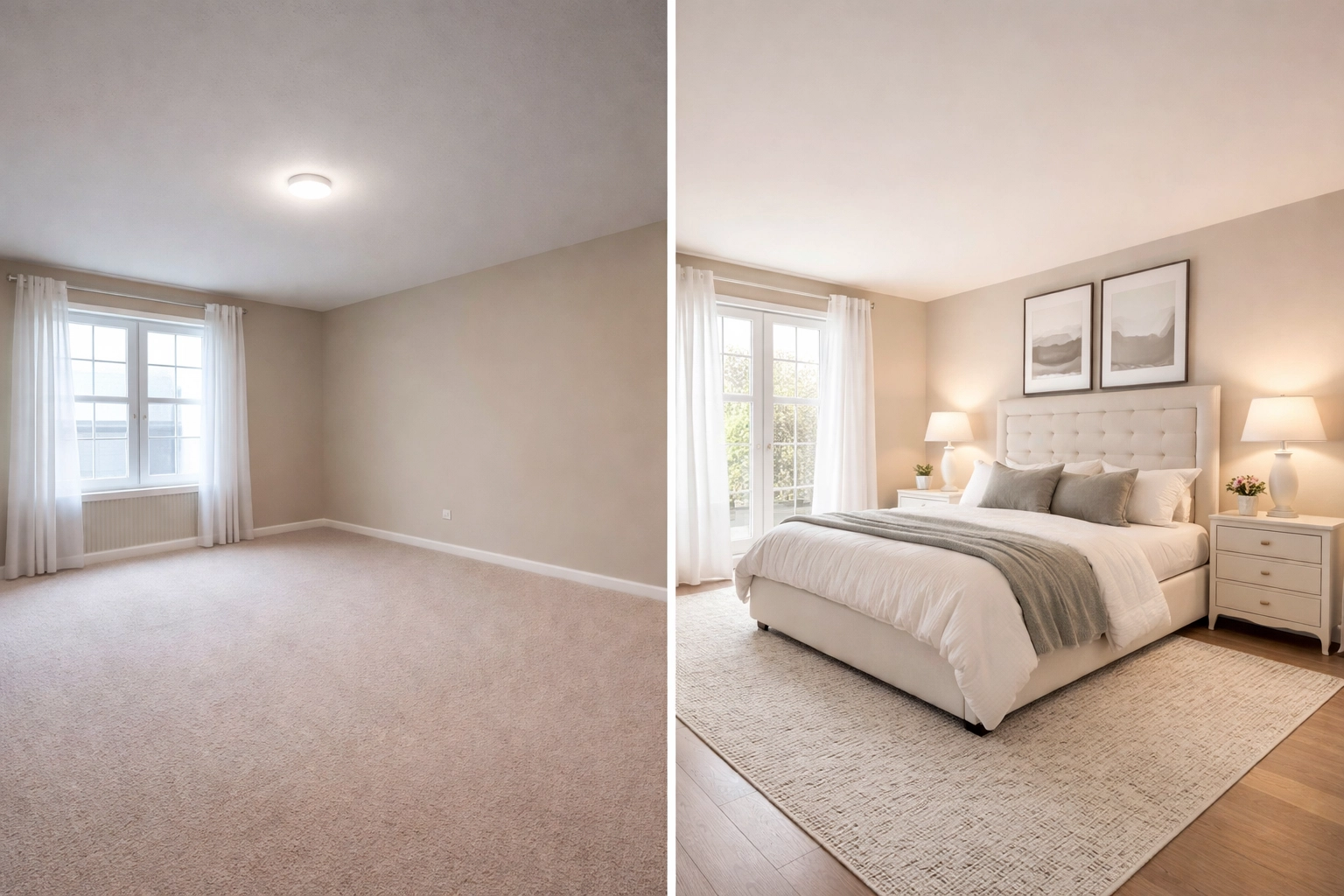 Before and after master bedroom staging in Charlotte: vacant room transformed into an inviting, elegant retreat with upscale decor.