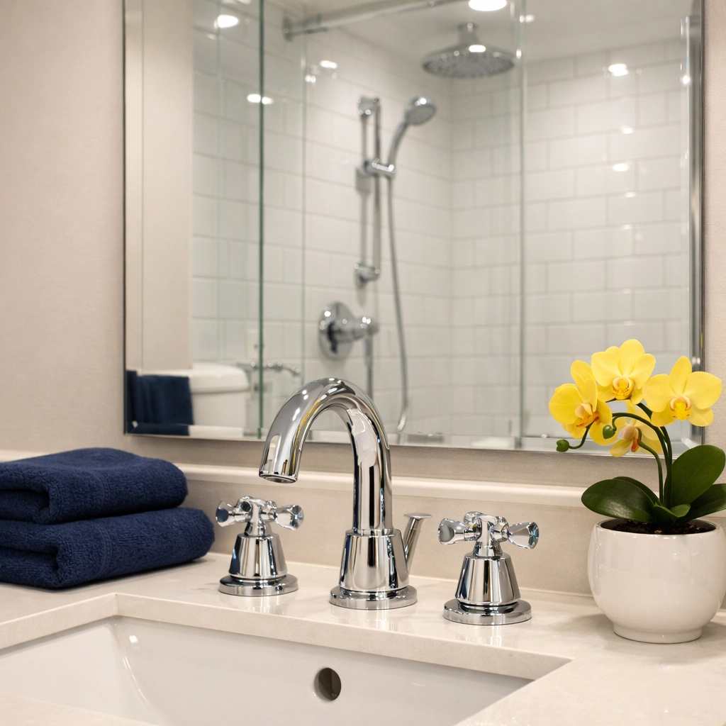 Sanitized Bolton apartment bathroom with sparkling chrome fixtures and a streak-free vanity mirror.