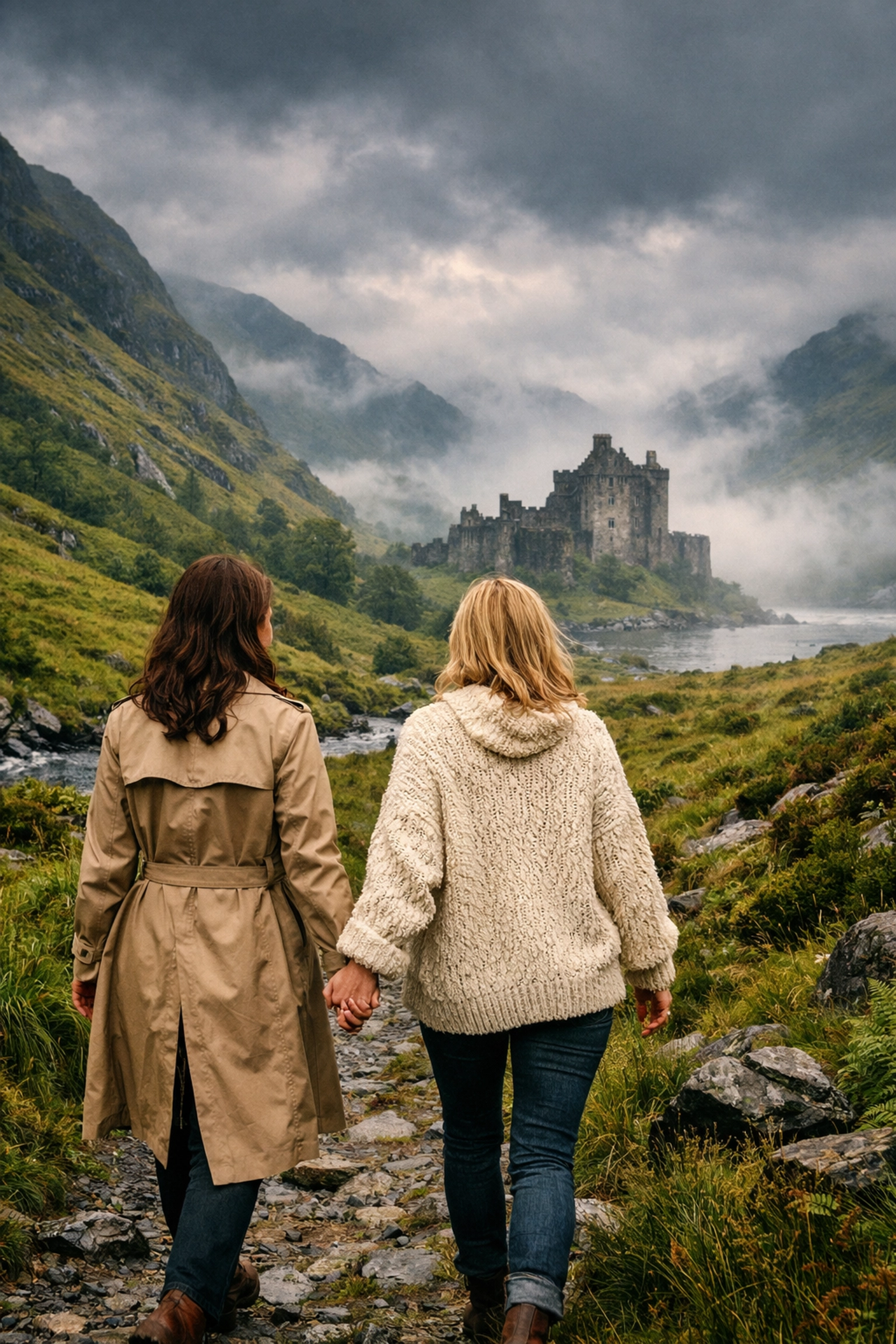 Lesbian couple walking hand-in-hand through a misty Scottish glen with a historic castle in the background.