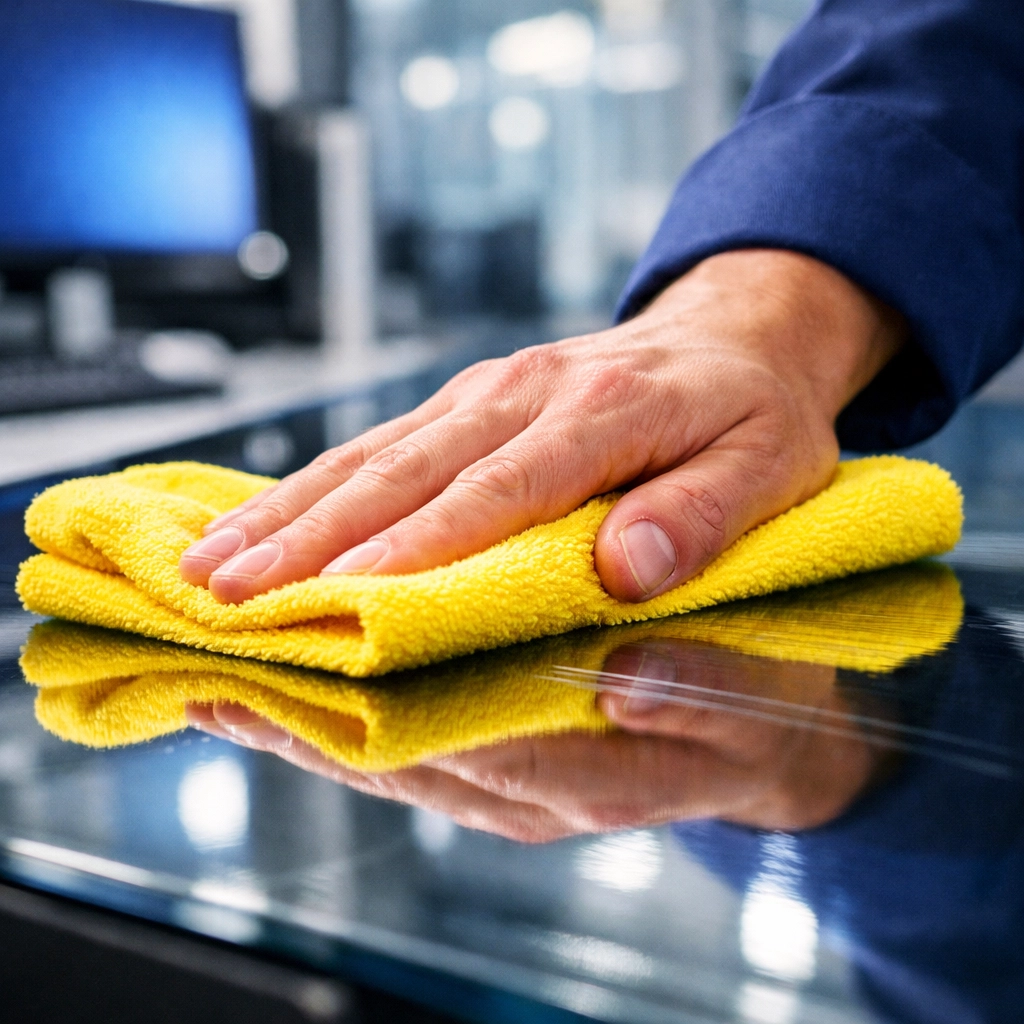 Professional cleaner sanitizing a glass workstation with a microfiber cloth during a deep office cleaning strike.