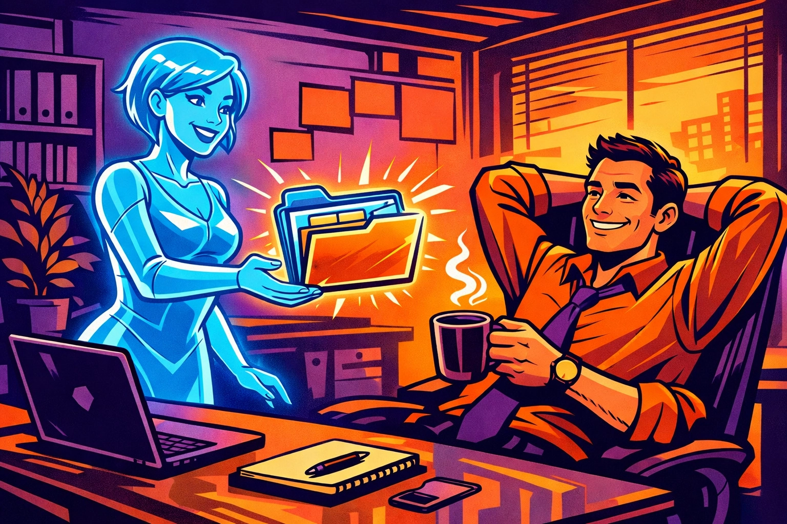 Small business owner delegating tasks to a digital AI assistant for small business at a desk.