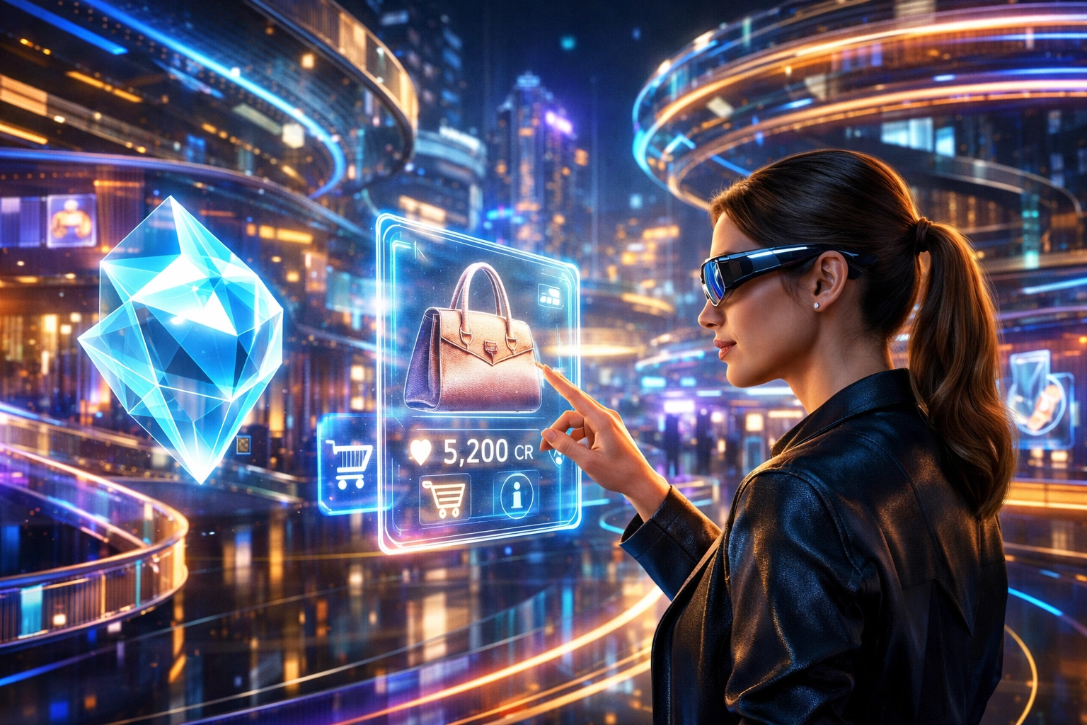 AI assistant guiding a shopper through a futuristic metaverse marketplace using Larecoin for Web3 payments.