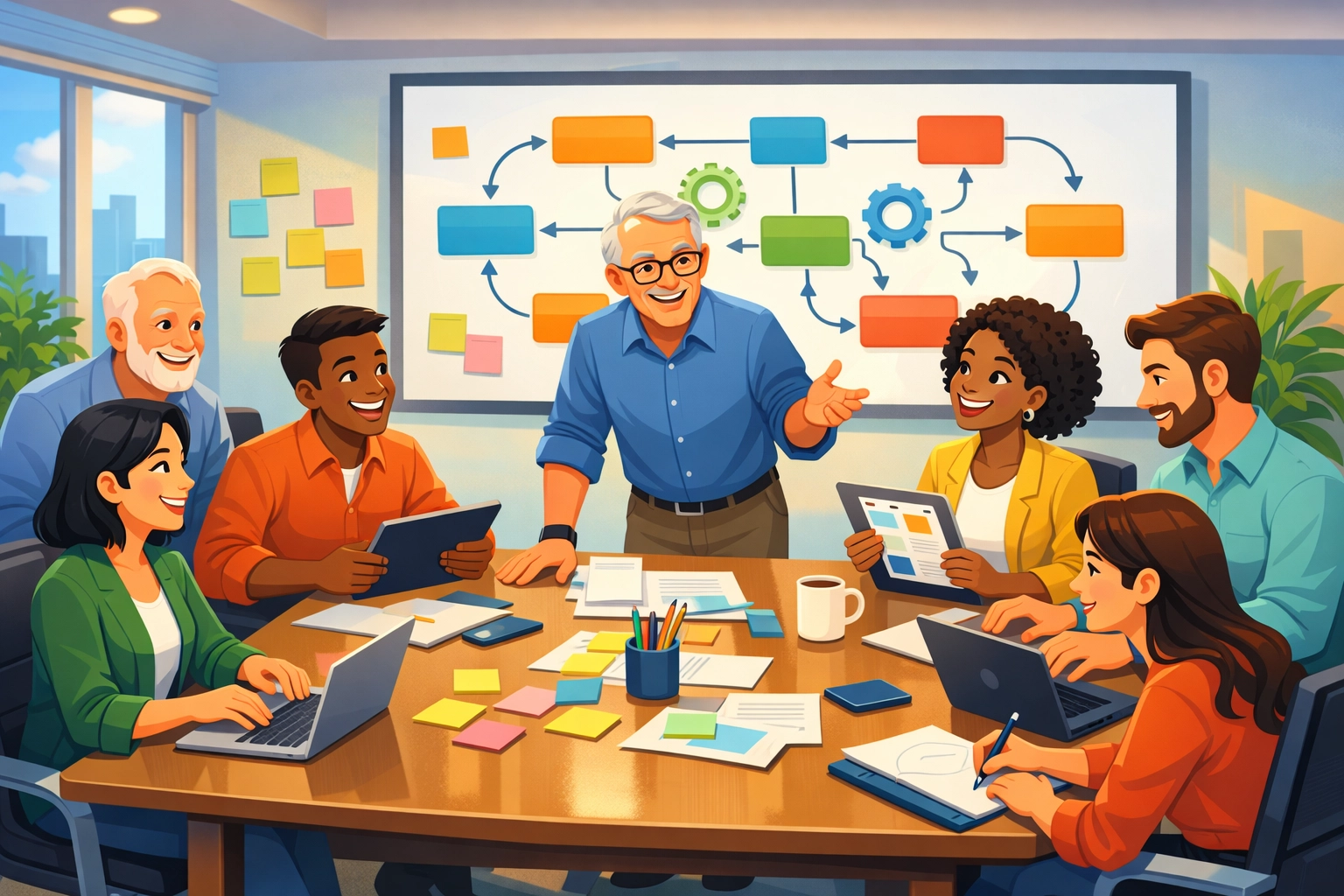 Business team collaborating on ISO 9001 quality processes and workflow optimization