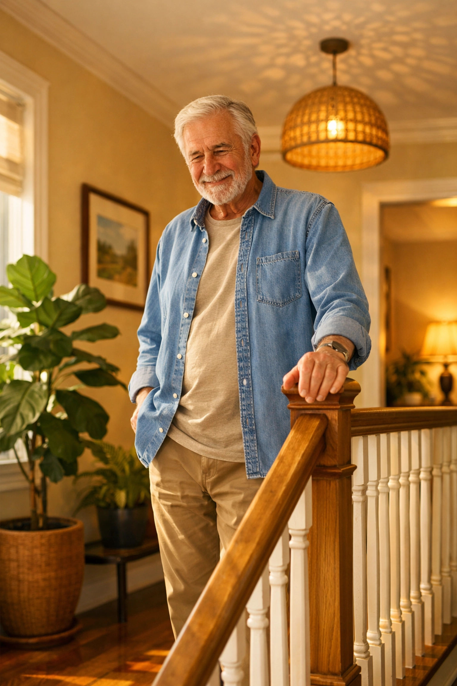 A senior man safely using a sturdy handrail on a well-lit staircase at home.