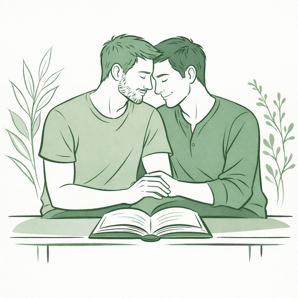 Two men in the queer community sharing an authentic connection while reading a gay novel together.