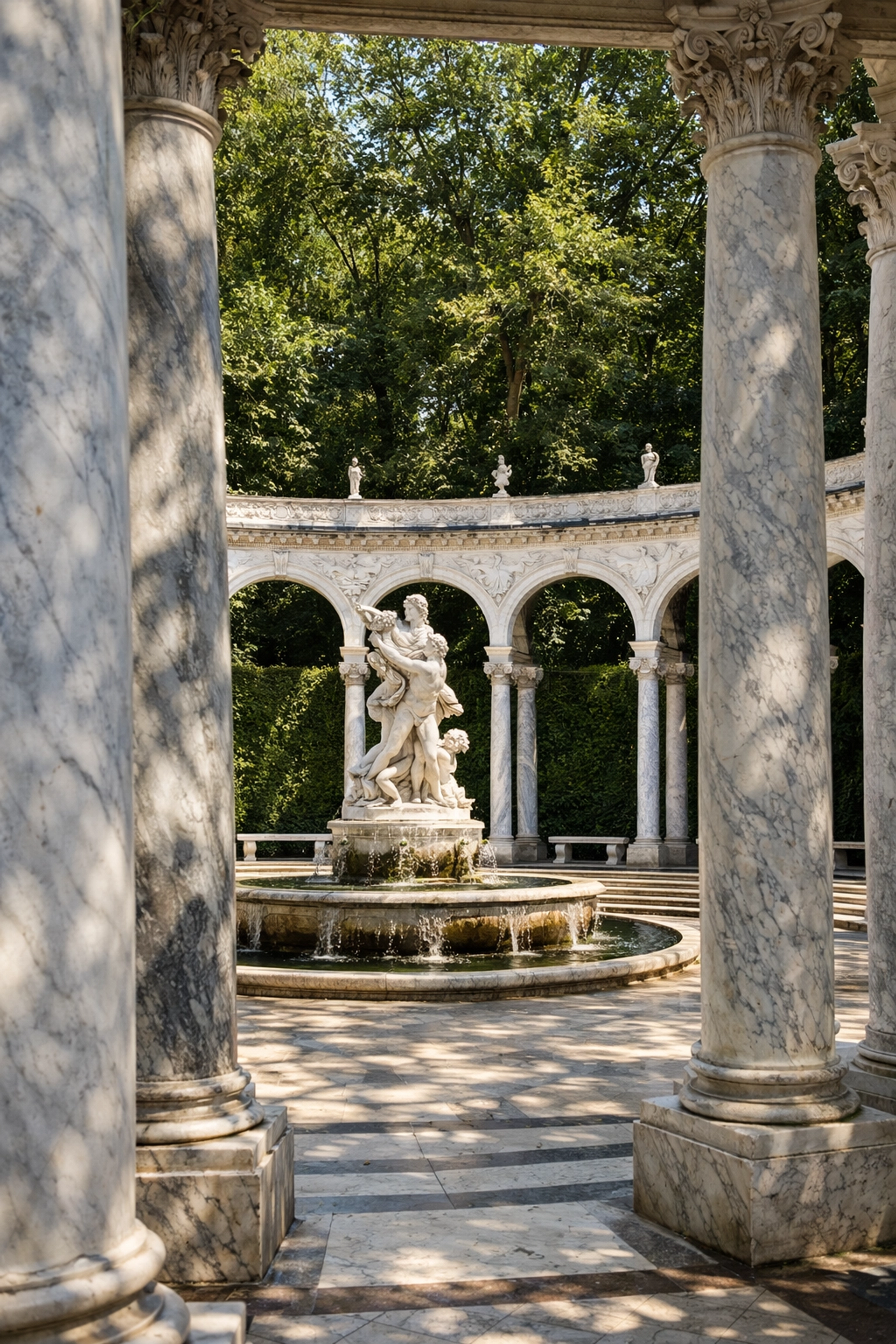 Marble columns and sunlight in the Grove of the Colonnade, a hidden gem among Versailles photo spots.