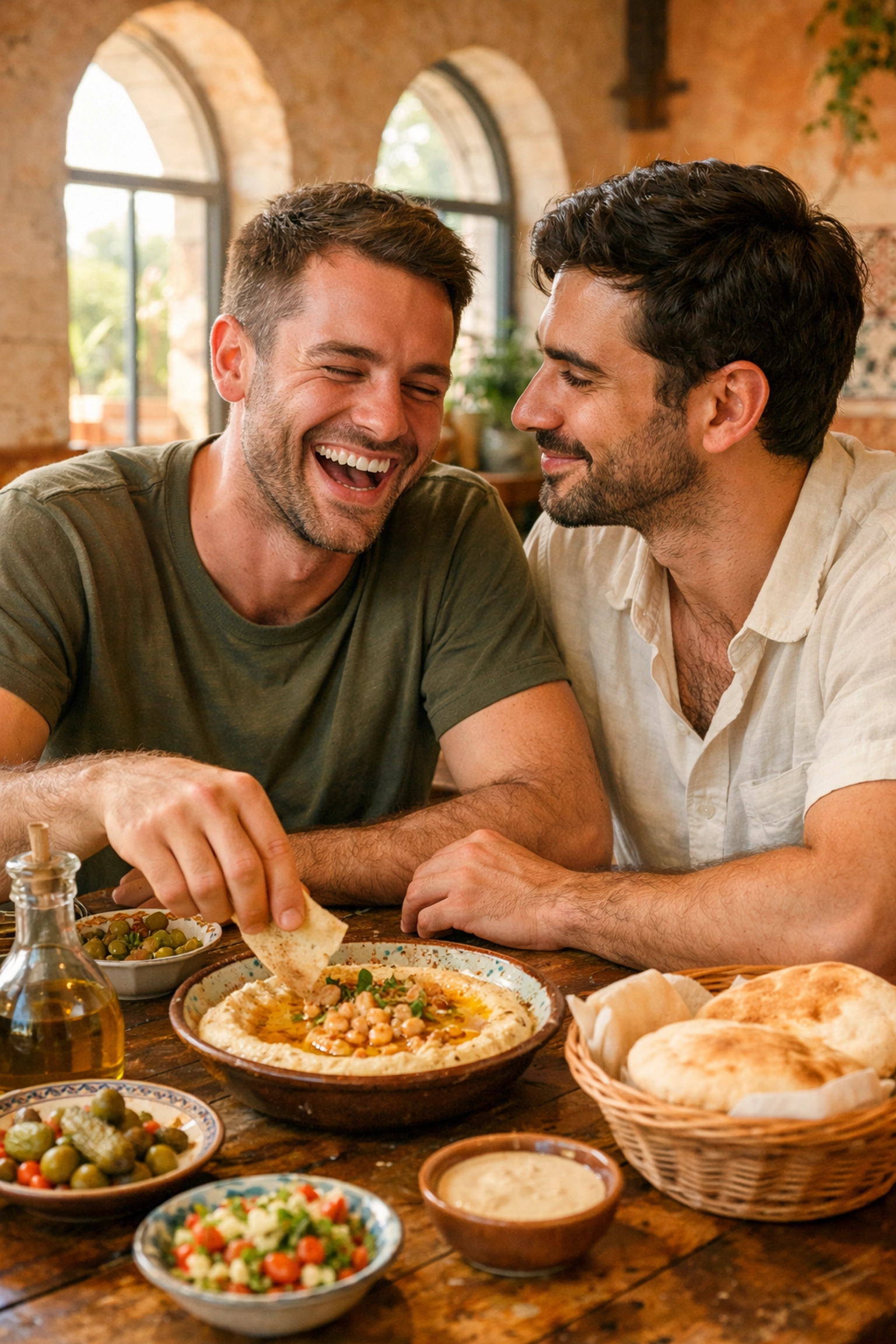 Gay couple's first date sharing meal in Tel Aviv restaurant - MM romance