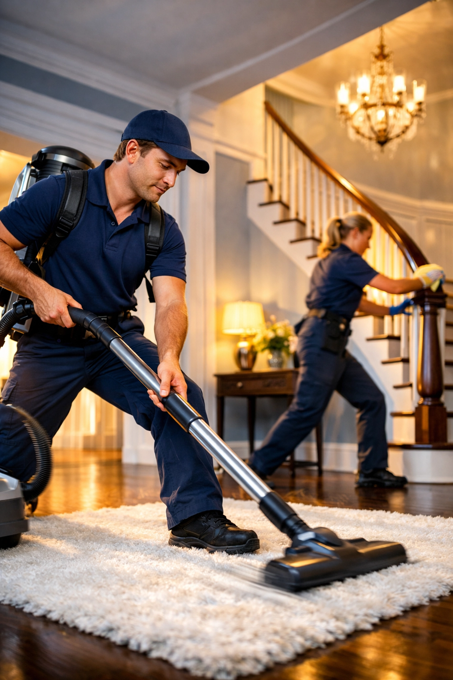 Expert team providing fast, efficient house cleaning services MA using a professional HEPA vacuum.